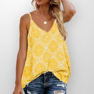 TECREW (M) Tank Top Cami Yellow White Swing Spaghetti V-Neck Medallion